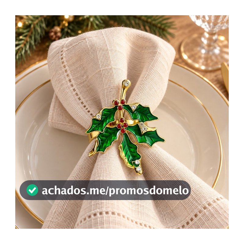 Anel de Guardanapo Natal Luxo Dourado com Folhas Verdes e Pedrarias | Porta Guardanapo para Mesa Posta de Natal