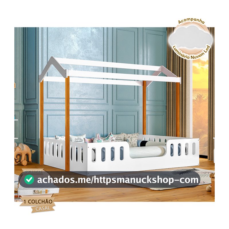 Cama Infantil +kit D28 Casal Casinha Segura Montessoriana Ágatha Branco/mel + Luminária