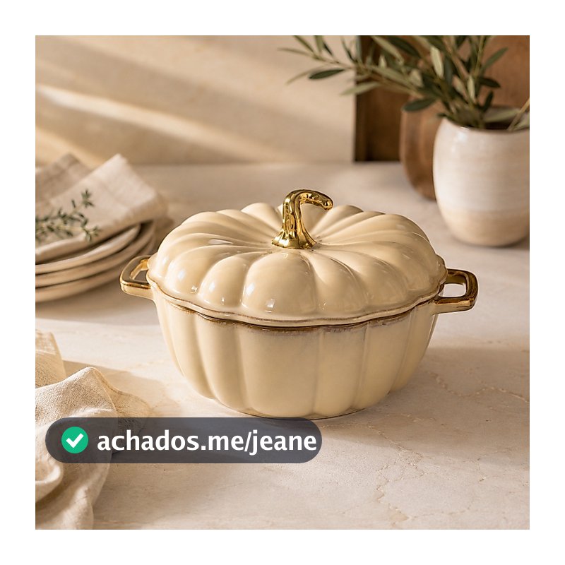 Panela Cacarola Travessa Abobora Ceramica Bege Off White Puxador Dourado 3 Litros Mesa Posta Luxo