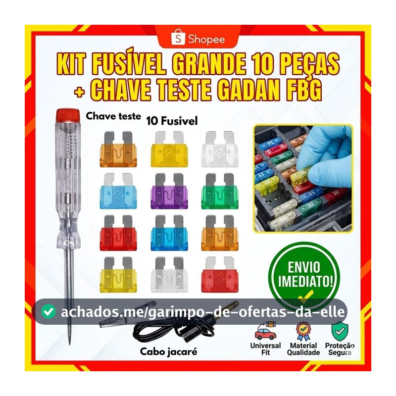 Kit Fusíveis Automotivos Moto + Chave Teste Gadan 10 Peças 3A a 30A Detector Corrente Carro Moto