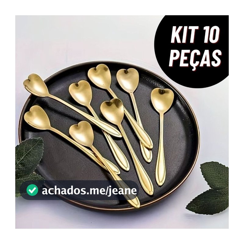 Kit 10 Colheres Coração Fofa para Cozinha Mesa Posta Douradas Café Sobremesa Chá Aço Inoxidável
