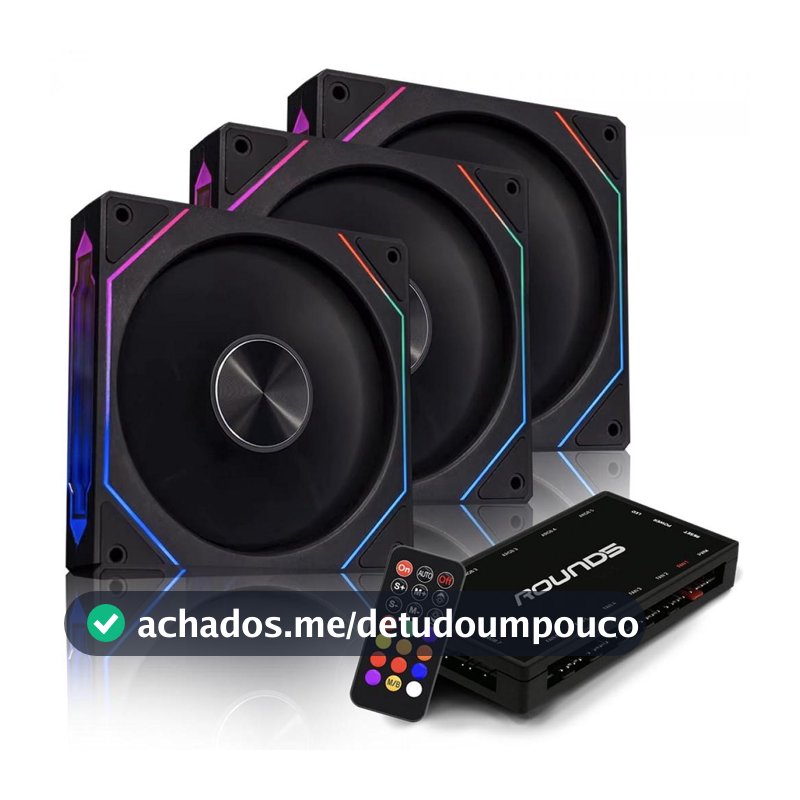 Kit Fan com 3 Unidades Round5 Nordwind Black, ARGB, 120mm, Com Controladora, PWM, Preto, R5-KIT-NORDWIND-FW-B-2221