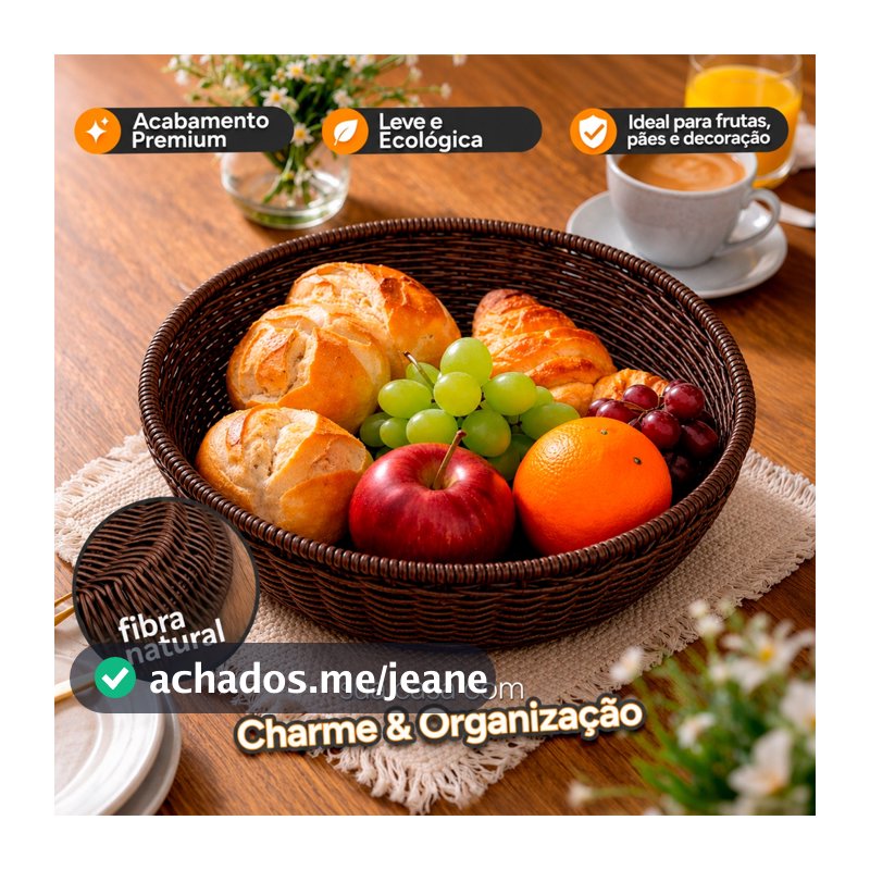 Cesta Pão Frutas Redonda Trançada Vime Natural Rústica Mesa Posta Cozinha Artesanal