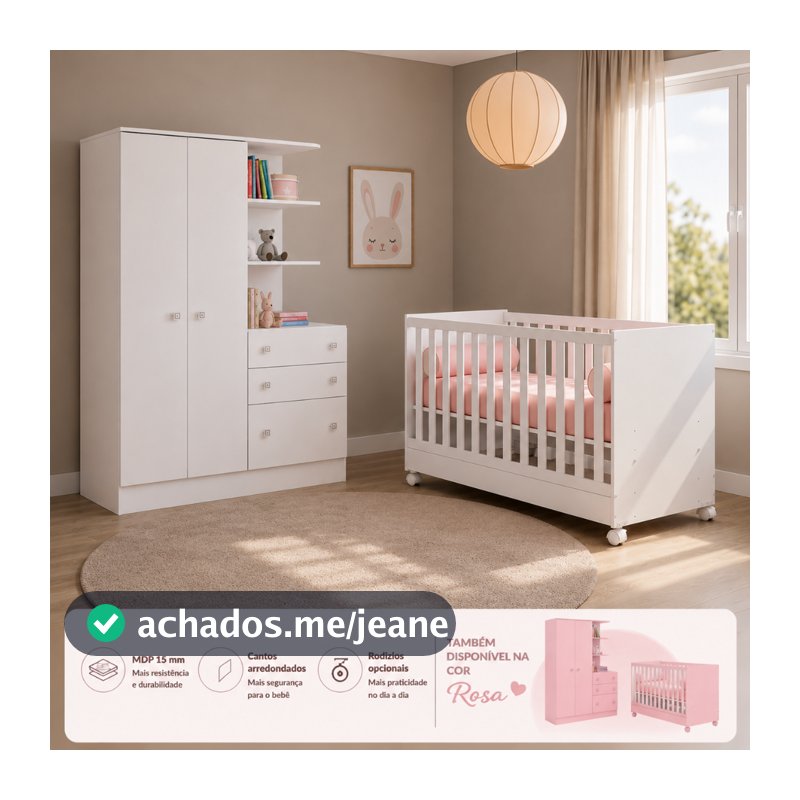 Kit Quarto de Bebê Completo Berço de Bebê que Vira Cama Guarda Roupa Infantil Com Comoda  Qmovi