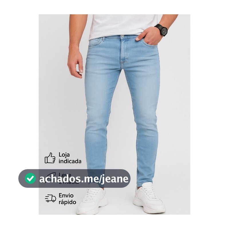 Calça jeans skinny masculina, em denim azul claro, modelo básico slim fit, calça de moda casual