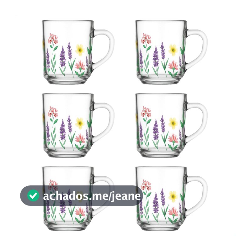Kit Jogo De Xicara Caneca De Vidro Decorado De 230ml Jardim Flores Lavanda