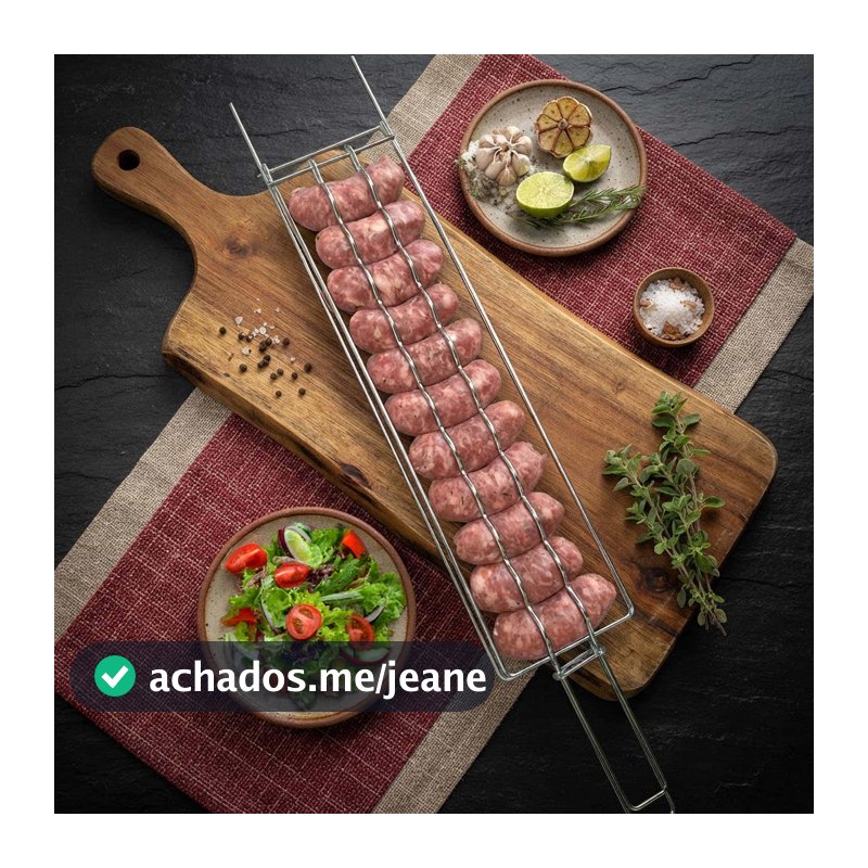 Grelha Dupla Cromada Para Linguiça Churrasco Aperitivos Grill Aço Resistente Durável 13 x 49,5cm