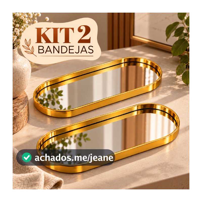 Kit 2 Bandejas Decorativas Espelhada Preta Dourada Porta Maquiagem Lavabo Sala e Banheiro Luxo