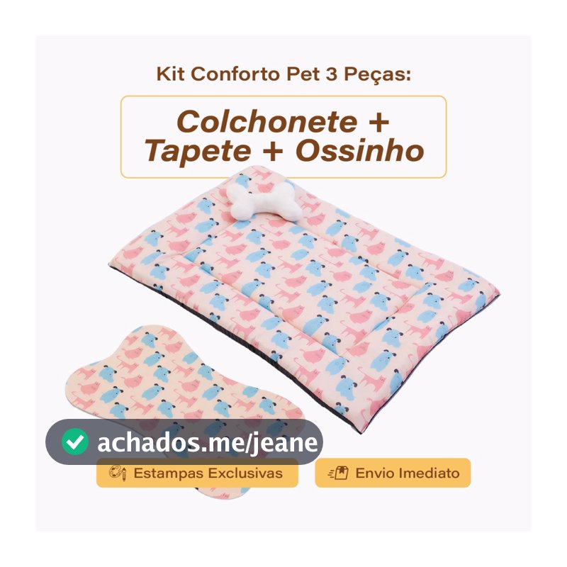 Kit 3 peças Cama Colchonete Almofada + Tapetinho Pet + Ossinho Brinquedo para Cachorro Gato Caminha