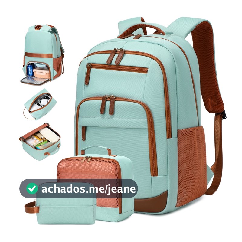 Kit Mochila com Compartimento Térmico Impermeável Unissex, Para Notebook e Estudante, 2 Organizadores Brindados