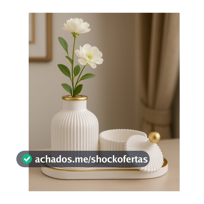 Kit Decorativo com Detalhe Dourado 3 Peças Vaso Bandeja e Porta Objetos