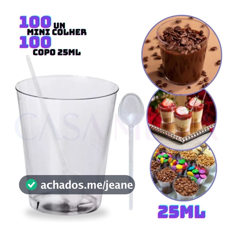 Kit Completo 100 Copo Copinho Potinho Cristal 25ml e 100 Colheres Acrílico Brigadeiro De Colher Doce Docinho Mousse
