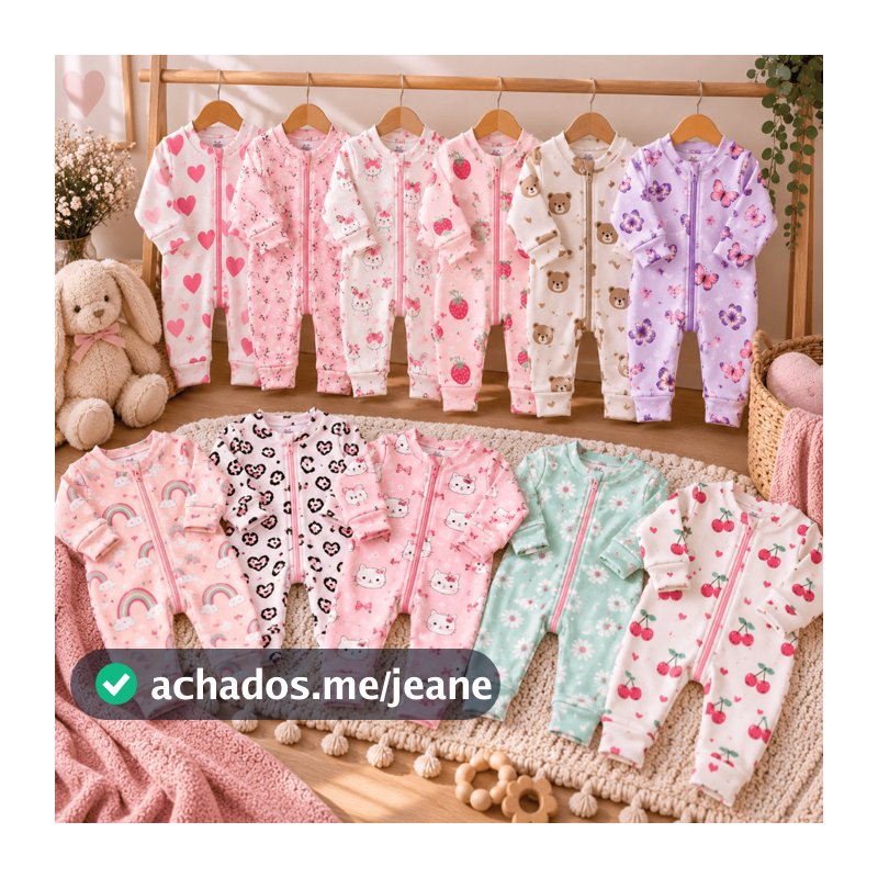 Kit 3 Macacão Bebê Estampado Ziper Menina Algodão Vira Pé Inverno Verao Infantil Macio Macacões