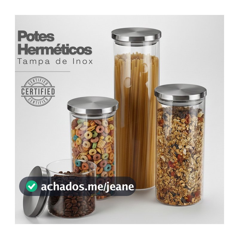 Porta Mantimento De Vidro Herméticos Kit Com 4 Potes Tampa De Inox