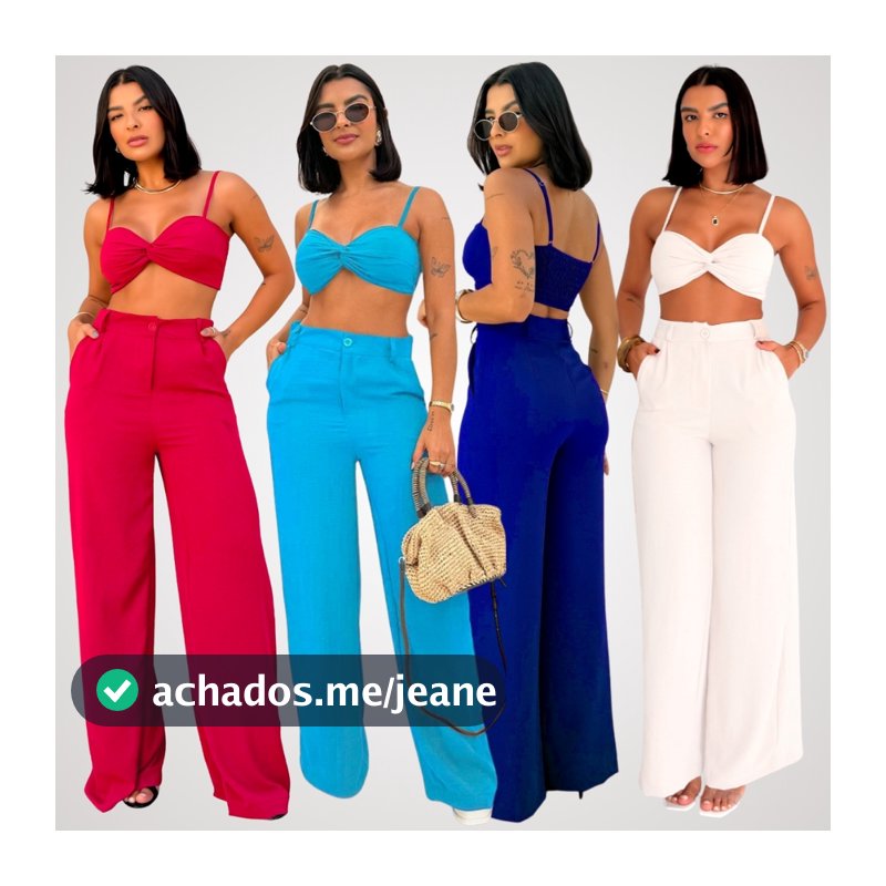 Conjunto Top Cropped de Alça sem Bojo e Calça Pantalona em Duna Helena Marca LUNII