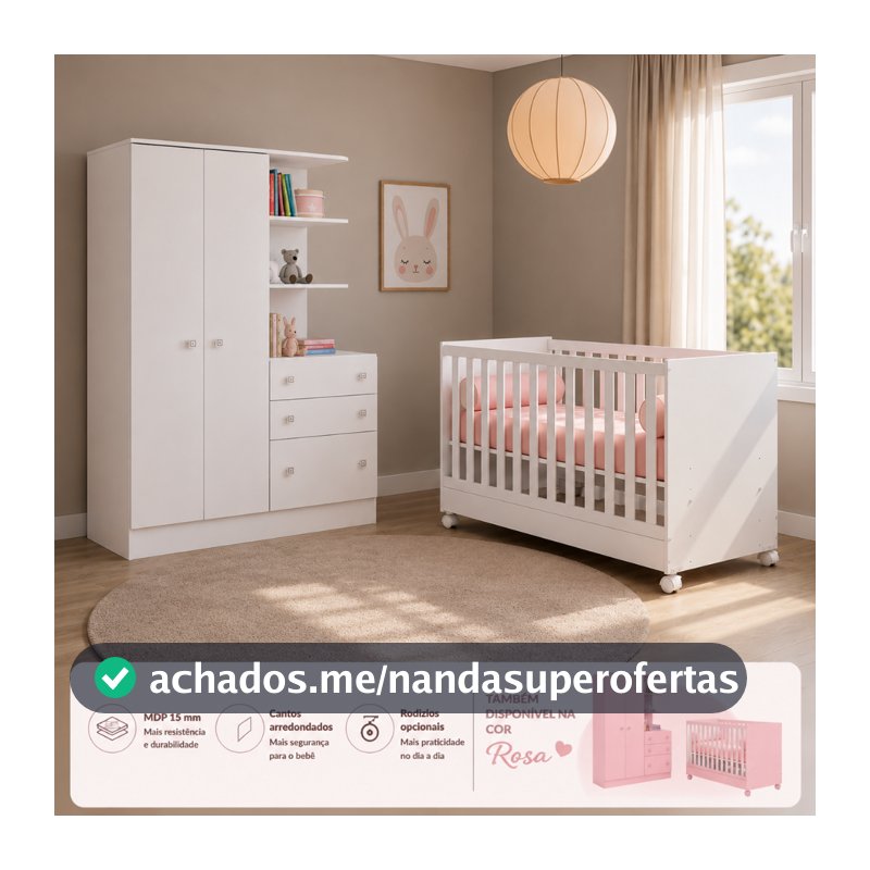 Kit Quarto de Bebê Completo Berço de Bebê que Vira Cama Guarda Roupa Infantil Com Comoda  Qmovi