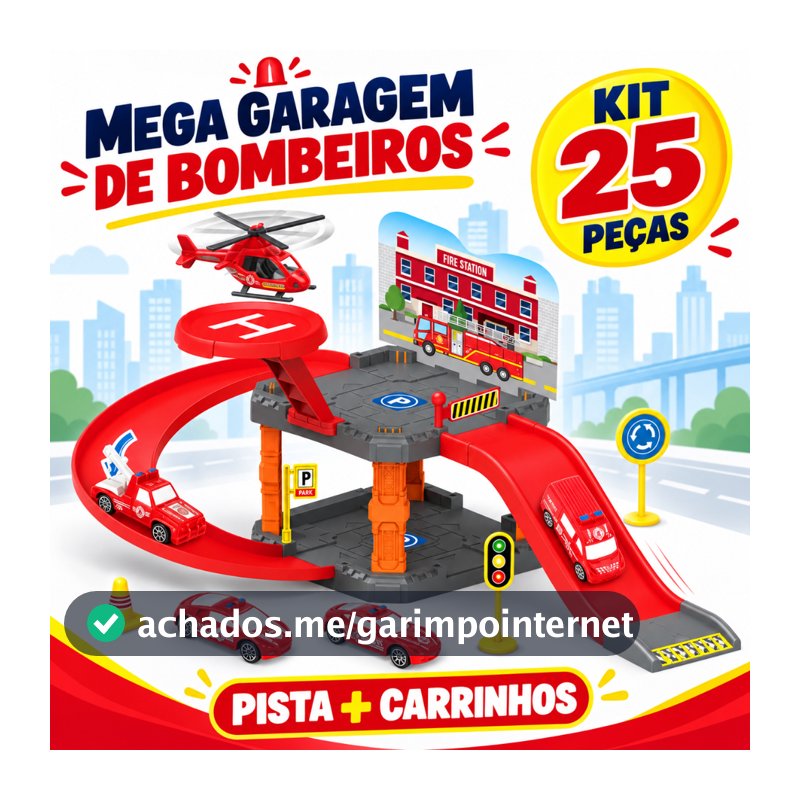 Garagem Infantil de Bombeiros 25 Peças com Pista e Carrinhos Brinquedo de Montar