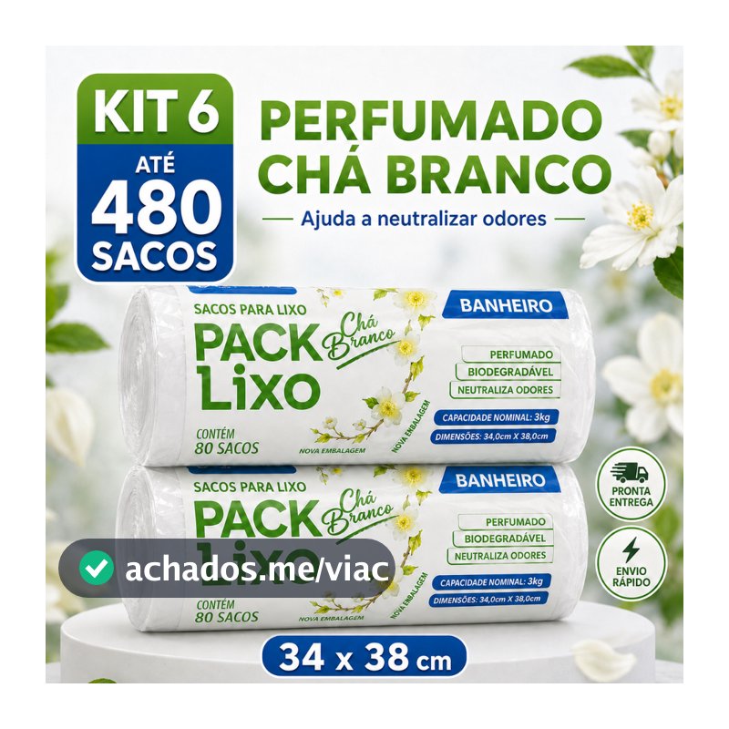 Sacos de Lixo Perfumado Chá Branco Kit Para Pia e Banheiro 34x38cm Neutraliza Odores 10L Cheiroso
