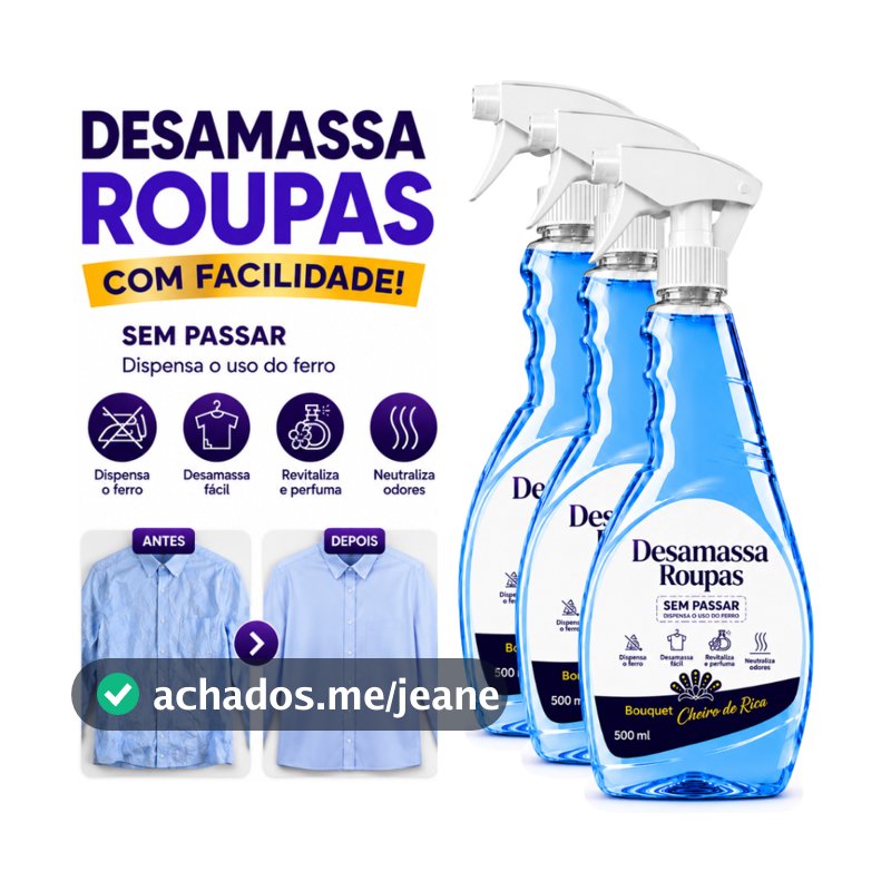 Kit 3 Desamassa Roupas Fácil Sem Passar 500ml Perfume Bouquet Cheiro de Rica Neutraliza Odores Praticidade Alisa Fácil