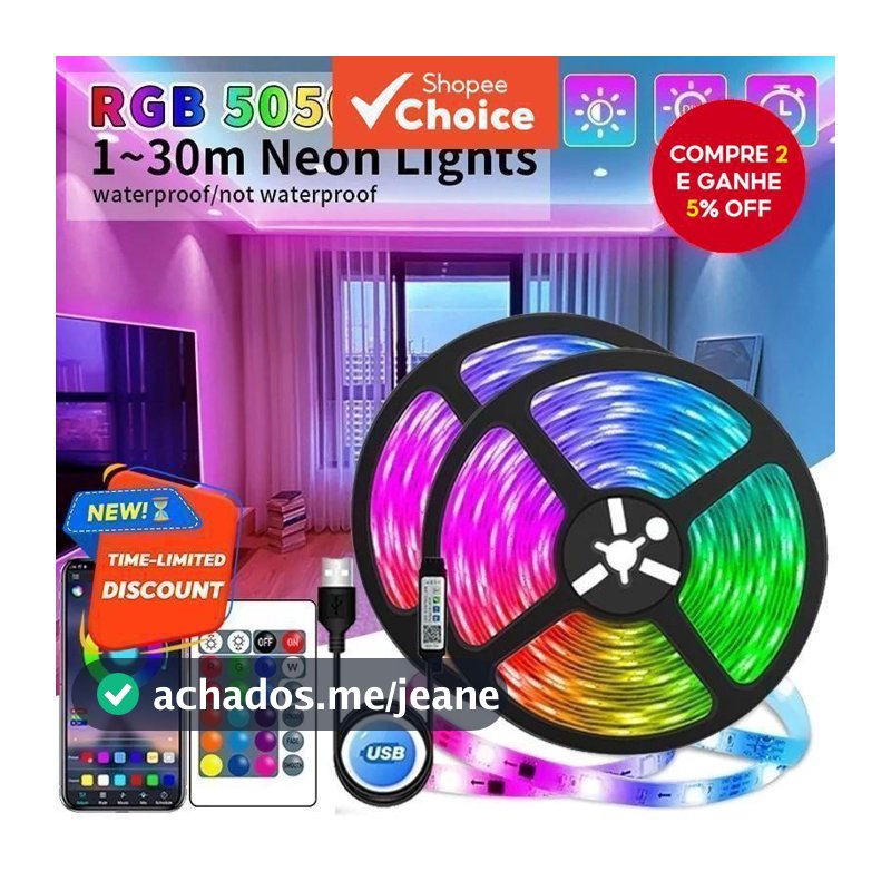 Fita LED RGB 5050 de 15M com decoração de luz de fundo para TV, controle remoto de 24 teclas, 5V.
