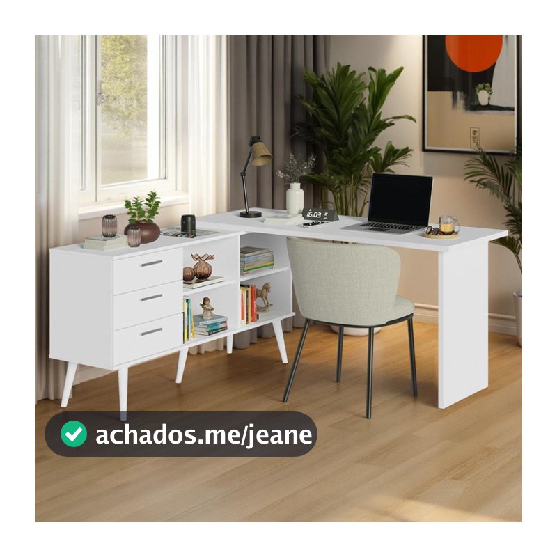 Mesa de Estudos em L 3 Gavetas Branco Lisboa Madesa