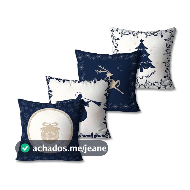 Kit com 4 Capas de Almofadas Decorativas Natal Azul e Branco  Único