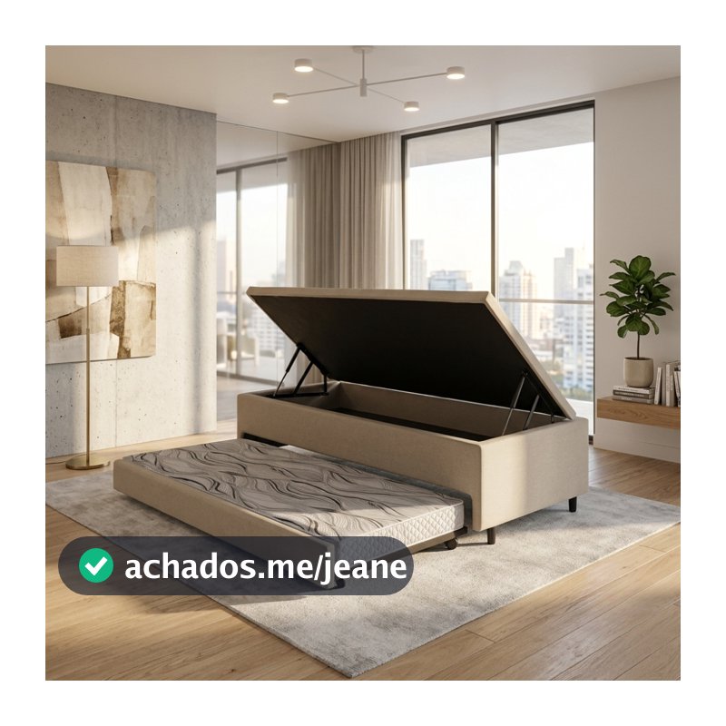 Bicama Box Com Baú Linho 88x188 Com Colchão Auxiliar Ecoflex