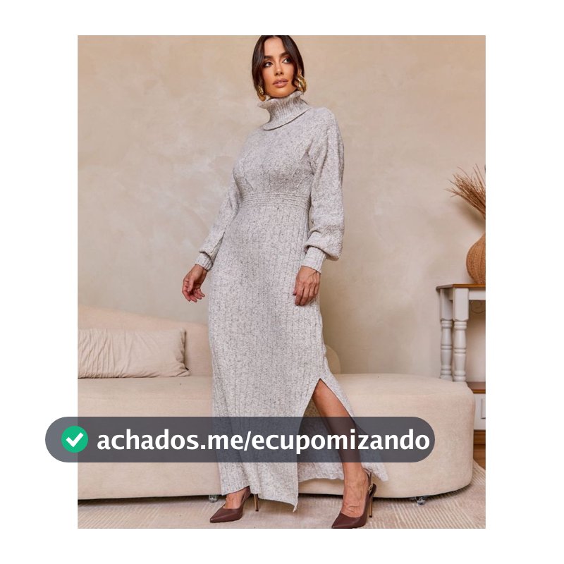 Vestido Feminino Tricô Longo Mousse Midi Gola Alta Fenda Trança Canelado Manga Bufante Inverno Casual