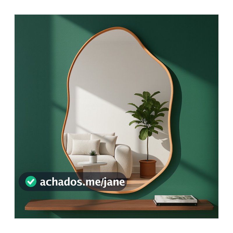 Espelho Orgânico 60x40 Couro Caramelo + Suporte Metálico Decoração Sala Penteadeira Quarto Banheiro
