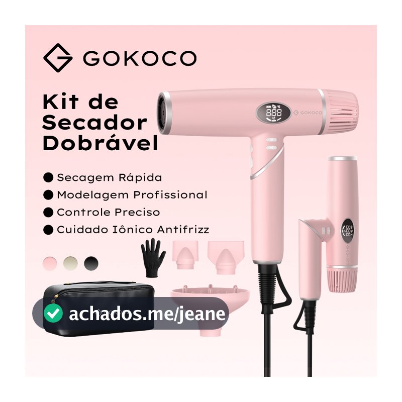 GOKOCO 3 em 1 Kit de Secador Dobravel Secagem Rapida Modelagem Profissional Cuidado Ionico Antifrizz Bivolt 110-220V
