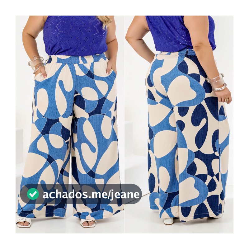 Calça Feminina Pantalona em Viscolinho Cós de Elástico Bolsos Laterais Elegante Estampado