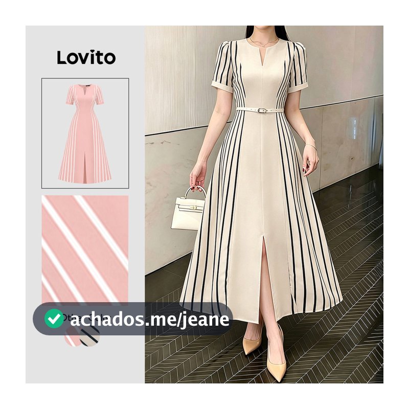 (New Arrival) Lovito Vestido Casual Listrado Com Zíper Dividido Linha A Primavera/Verão Férias Fim De Semana Feminino DRK9BR206