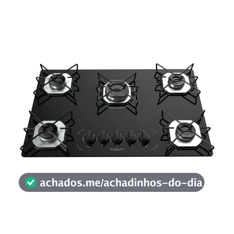 Fogão Cooktop Fogatti à Gás FGT 5 Bocas Vidro Preto Flange Inox Bivolt - Acendimento Automático