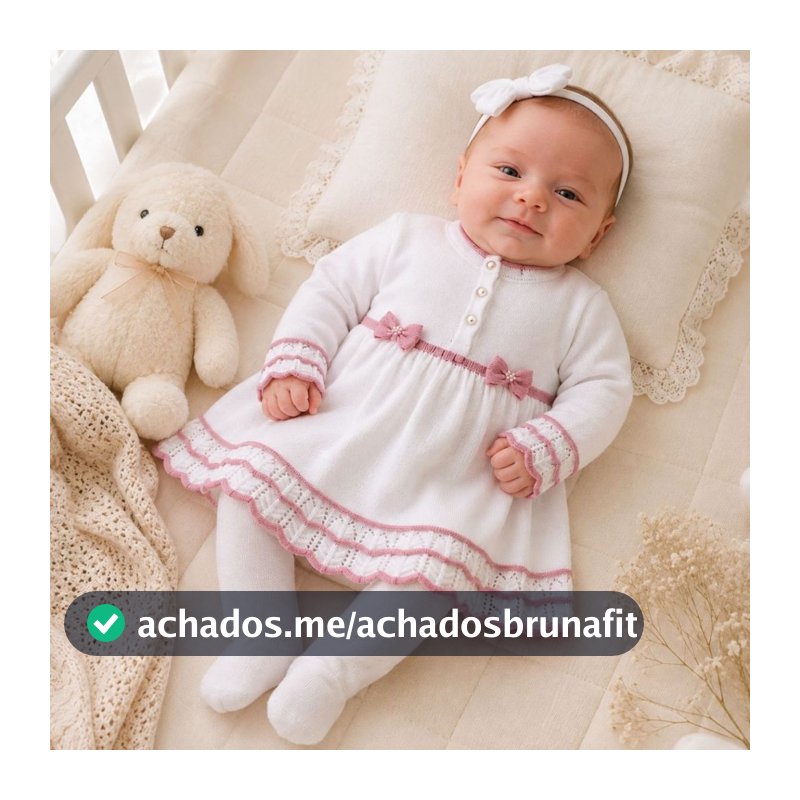 Kit Conjunto Tricô Bebê Menina Vestido Dois Laços + Calça + Manta Tricot Premium Saída Maternidade RN
