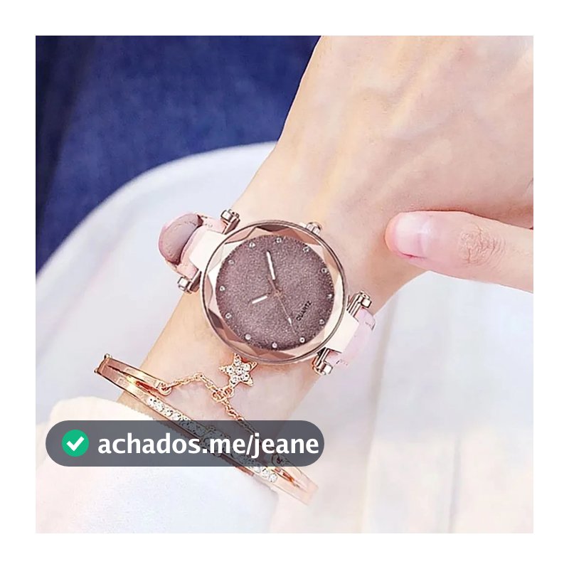 Relógio Feminino de Pulso Quartz de Couro e Bracelete Estrela