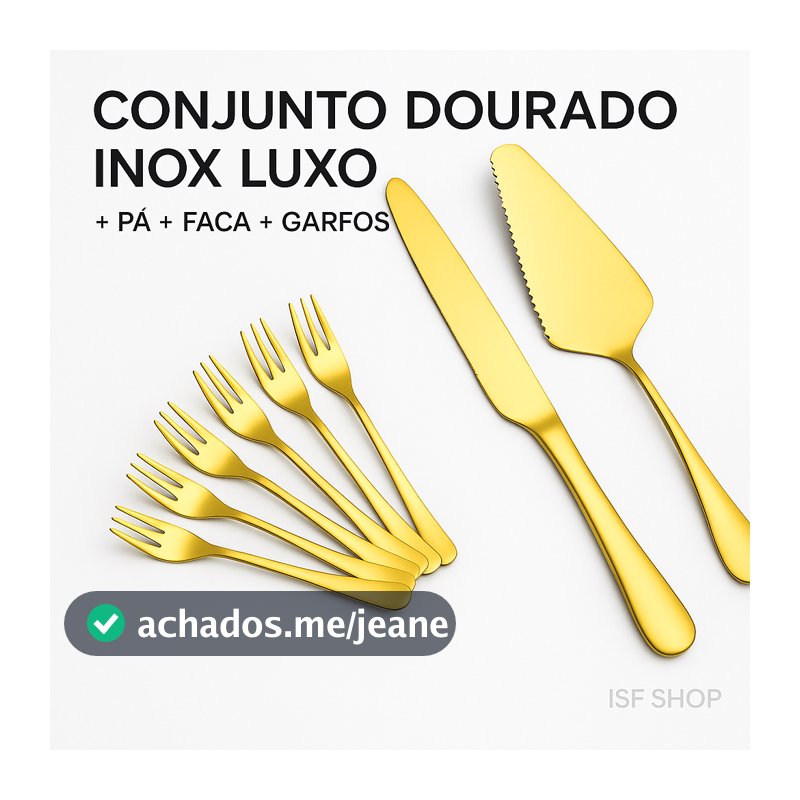 Conjunto Pá e Faca Dourada Inox + Garfos Sobremesa Luxo VIA FULL