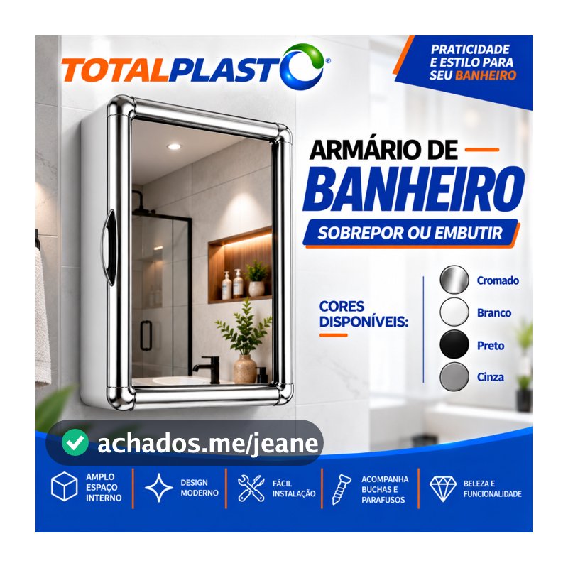 Armário Plástico Banheiro Espelho Vidro 2mm Moldura Cromada Branco Preto Sobrepor Embutir Parafusos e Buchas Espelheira