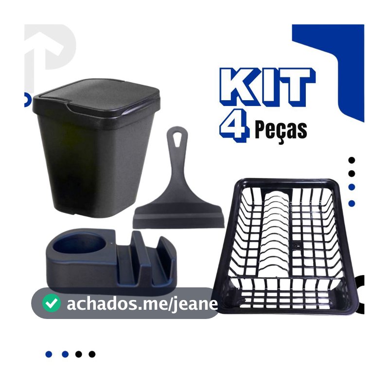 Kit Cozinha PRETO Porta Detergente / Rodo de Pia / Lixeira + Escorredor de Louça Area Gourmet