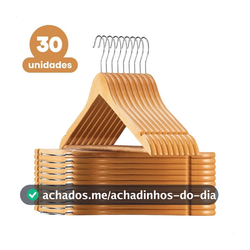 Kit 30 Cabide De Madeira Marfim Para Roupas Calça Gancho Cromado