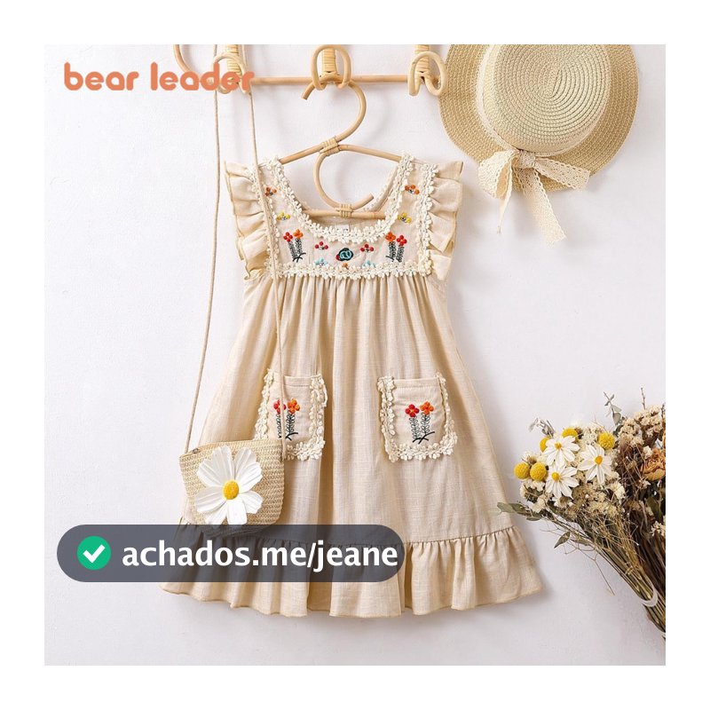 Líderes De Ursos Meninas Vestidos Bordados Com Flores De Renda 3 4 5 6 7 Anos Manga Voadora Pocket Cotton Casual Kids Clothes Retro Seaside Holiday Wear