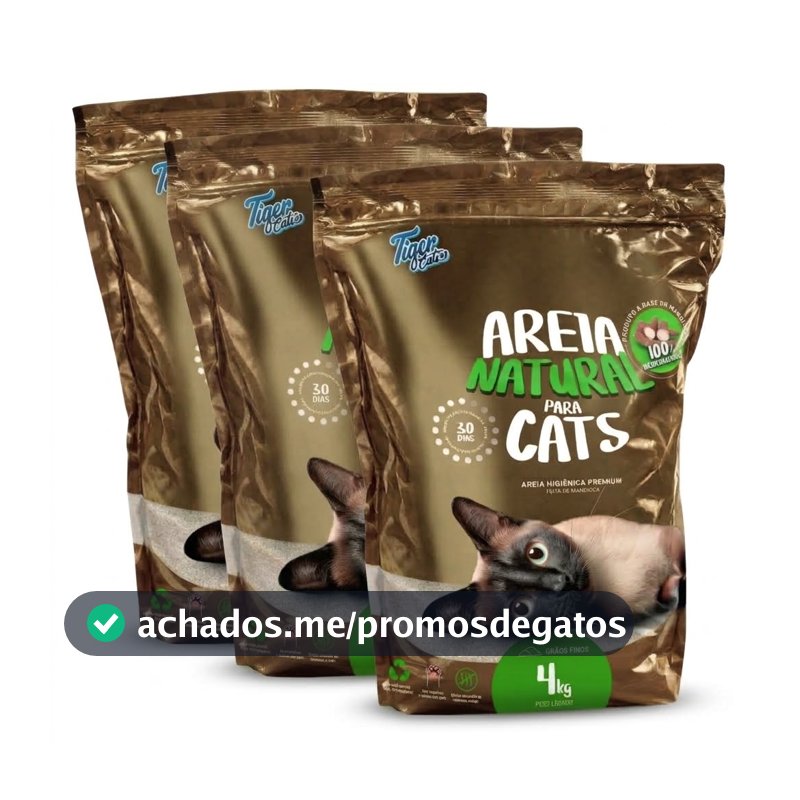 Areia Higiênica Biodegradável Tiger Cats 12Kg (3 pacotes de 4 kg) - Mandioca - Grãos finos