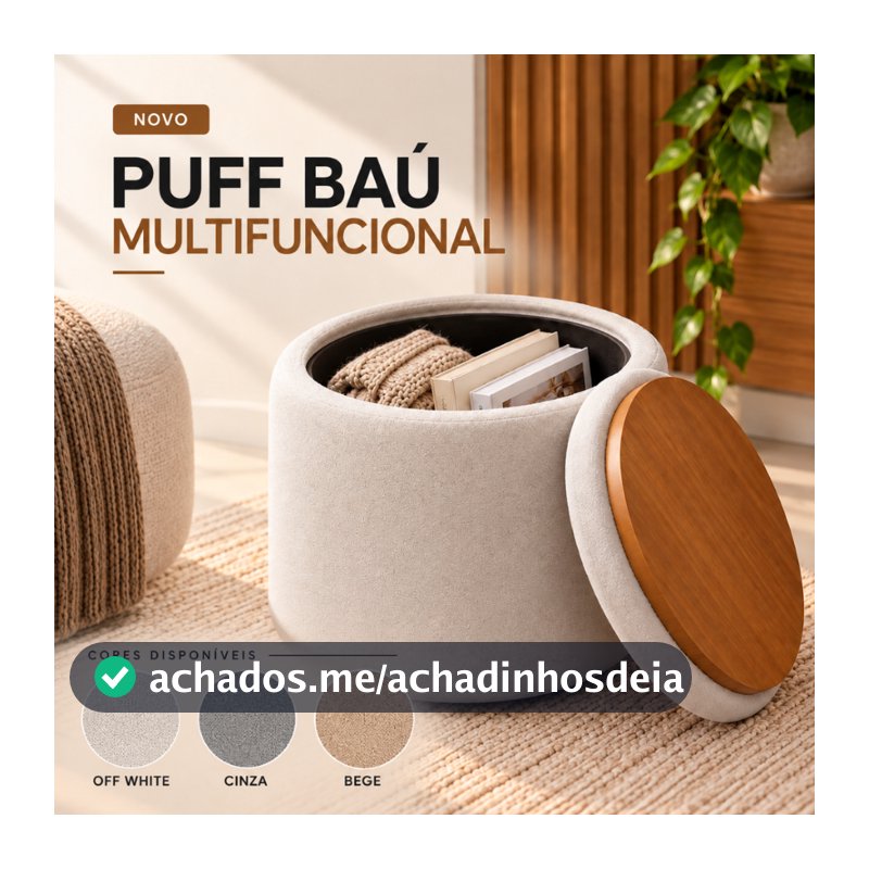 Puff Baú Redondo 40cm com Tampa Rígida Mesa de Apoio e Assento para Sala Quarto Closet Escritório