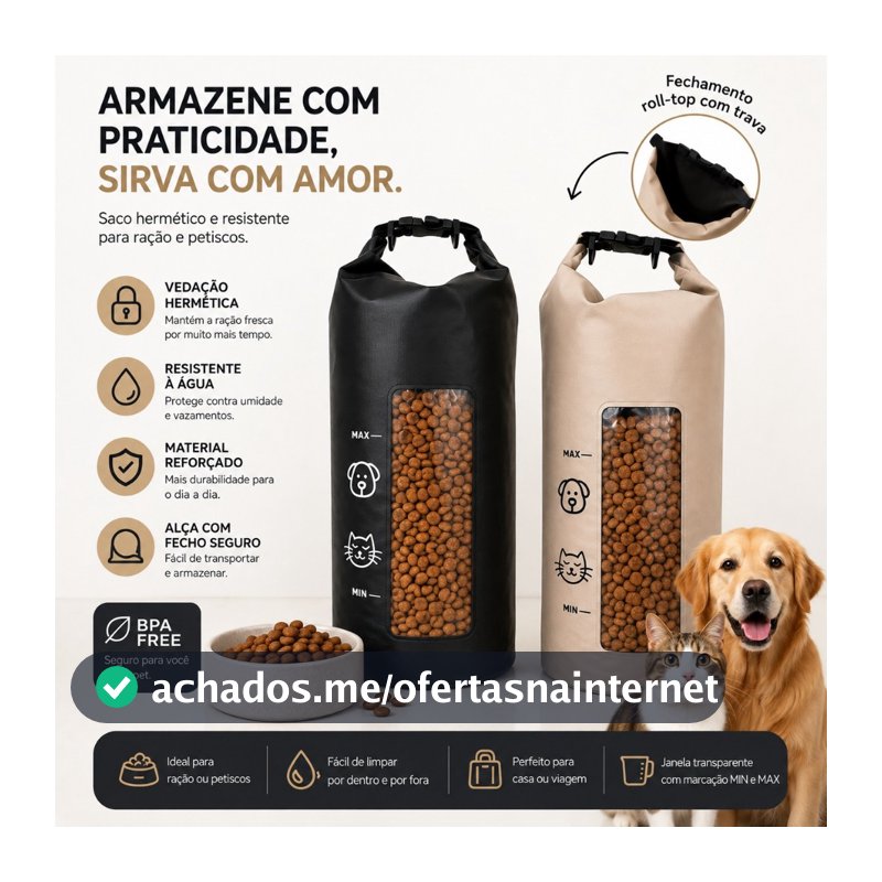 Porta Ração Bolsa 3 até 13kg Impermeável Organizadora Vedação Total Cães e Gatos