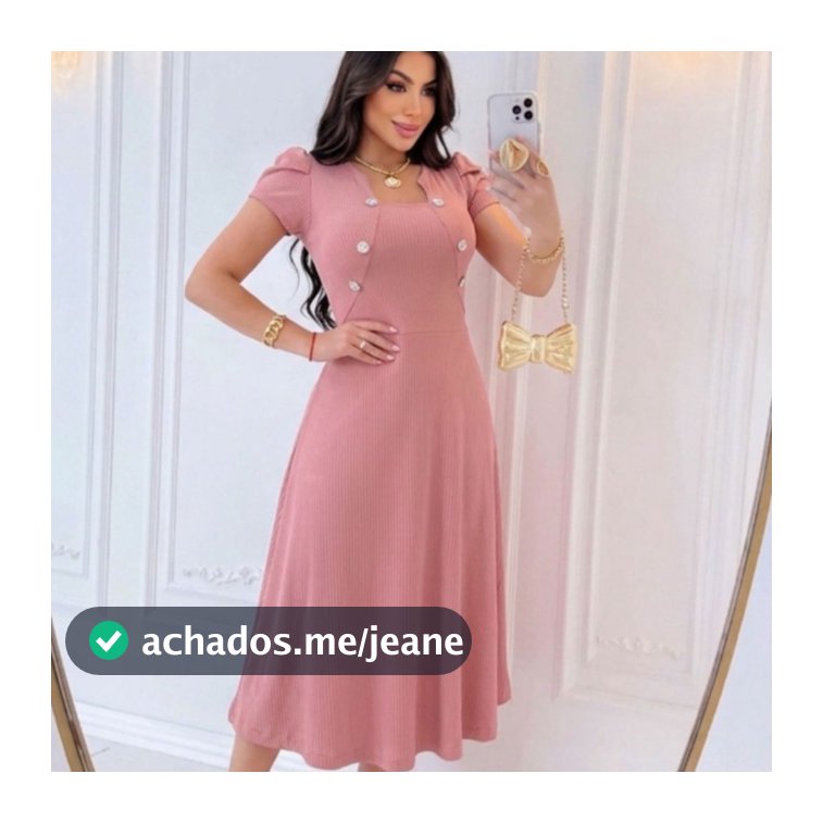 Vestido Feminino Midi Rodado Evangélico Detalhes de Botão Manga Bufante Malha Canelada Blazer Fake