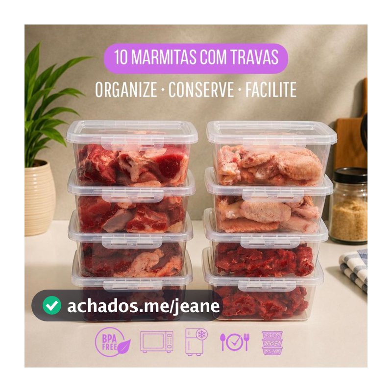 Kit 10 Potes Marmitas 900ml com Travas Laterais Congela Fácil BPA FREE Fitness Empilhavel Com  Tampa