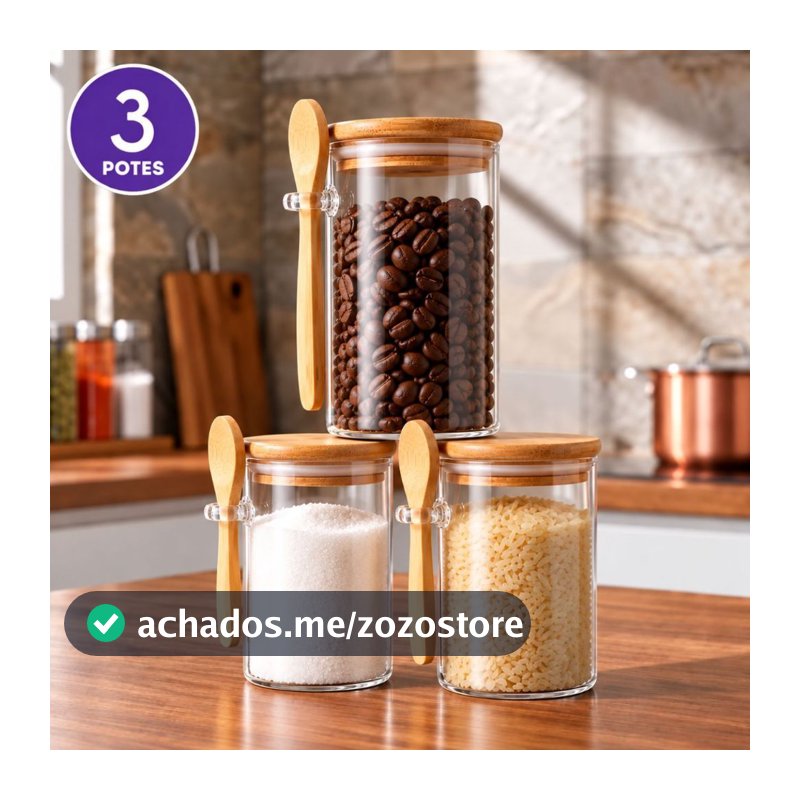 Pote/Colher de Vidro com Tampa de Bambu Hermético Colher 900ml Porta Mantimentos Temperos Saleiro
