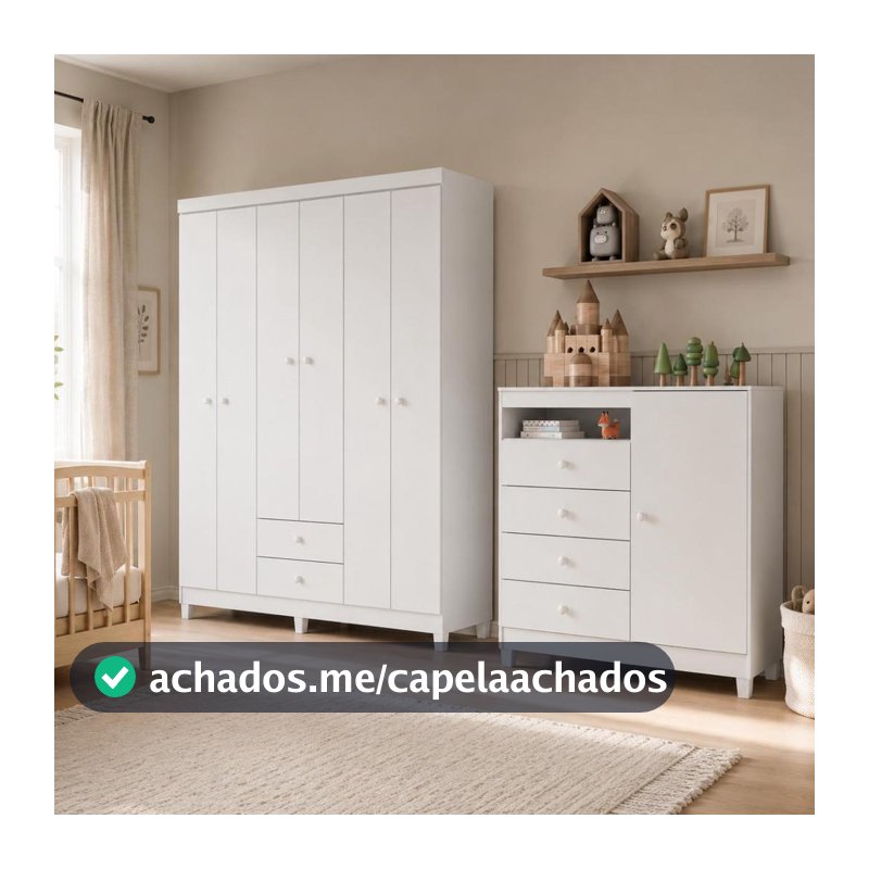Guarda Roupa Infantil 6 Portas 2 Portas  Com Cômoda Sapateira 1 Porta 4 Gavetas Aquarela Branco Azul e Rosa