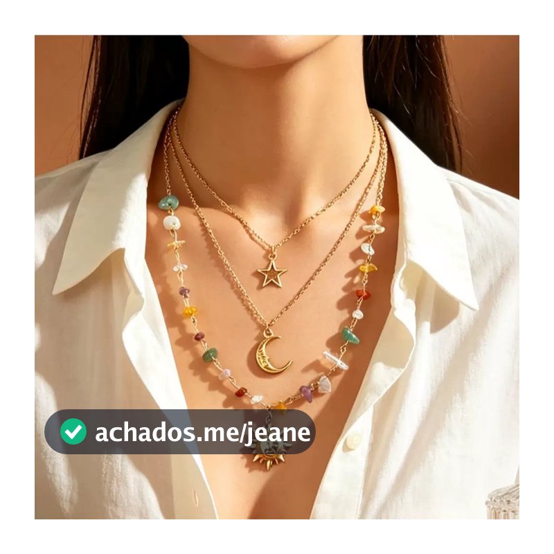 Kit 3 Colares Femininos Boho com Sol, Lua, Estrela e Pedras Coloridas – Dourado e Prateado em Camadas