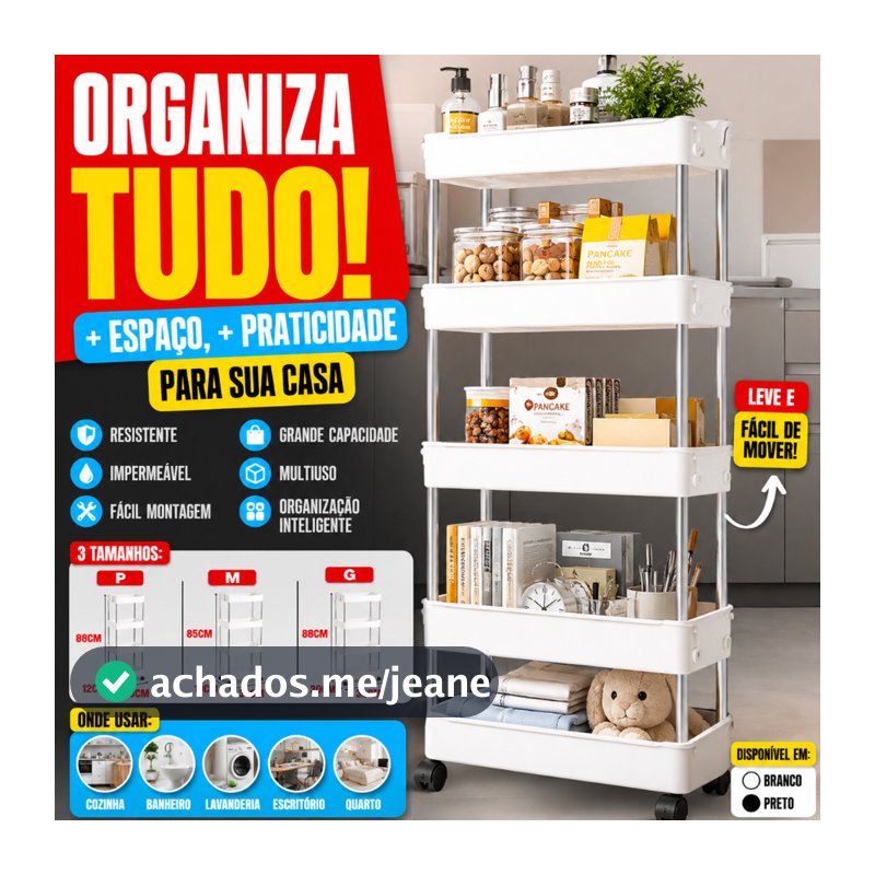 Prateleira Carrinho Auxiliar Organizador de Objetos Multiuso 4 Andares com Rodinhas P, M, G ou Kit 3