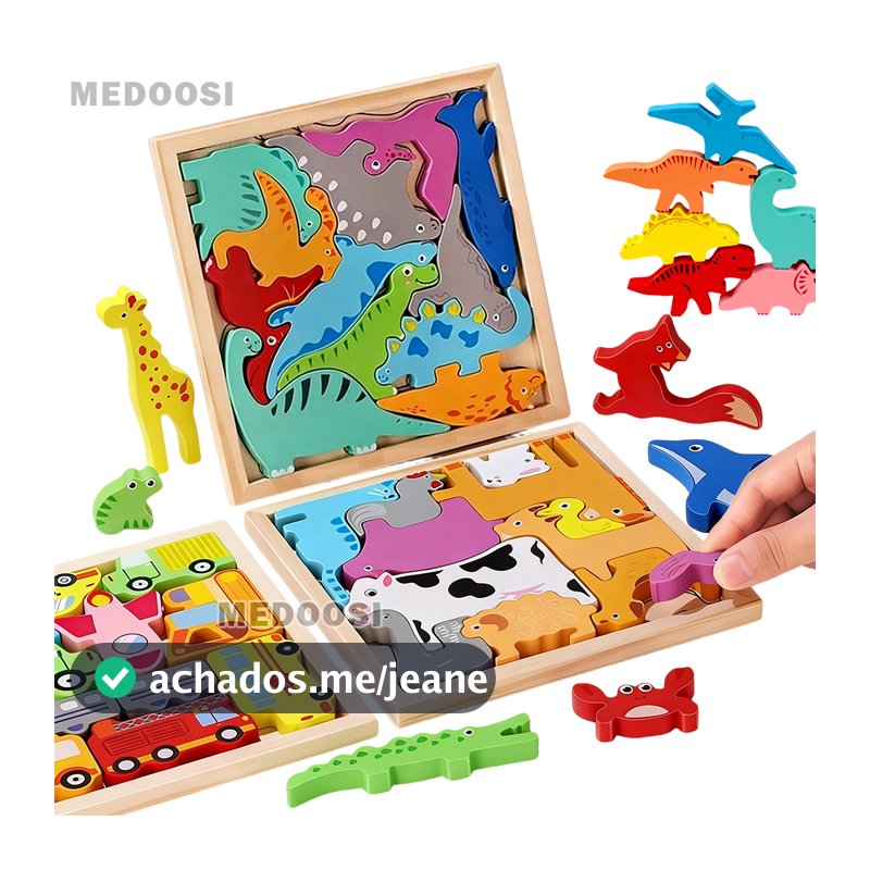 Quebra-Cabeça 3D Encaixe Divertido | MDF Animais/Dinos Formas | Sensorial Pedagógico | Montessori para Bebê e Crianças
